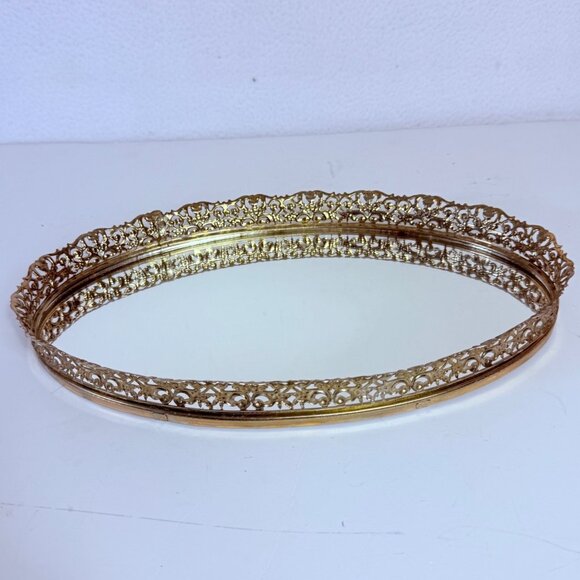 Regency Oval Mirror Vanity Tray VTG Ornate Gold Tone Filigree Glam Dresser Table - Picture 5 of 12